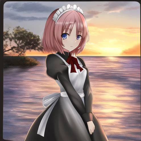 <lora:hisui_tsukihime_lora:1> maid anime girl at the sunset