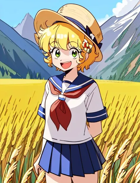 c-ko, 1girl, upper body, short hair, blonde hair, cute, wearing school uniform, hat, standing in a wheatfield in the alps, overly happy, big eyes, big mouth <lora:Project_A-Ko-000013:1>