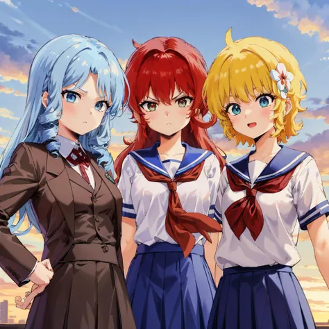 <lora:Project_A-Ko>,<lora:add_detail:0.5>,<lora:boldline:-0.3>,<lora:noline:0.3>,
3girls,expressionless,school,sunset,
b-ko,1girl,solo,(parted bangs:1.2),blue hair,long hair,drill hair,elegant,brown jacket and skirt,tall,
ADDCOL,3girls,serious,school,sunset,
a-ko,1girl,red medium messy hair,white blouse,short sleeves,blue collar,red neck scarf,long blue skirt,black bracers,
ADDCOL,3girls,happy,school,sunset,
c-ko,1girl,cute,blonde hair,short hair,flower,upper body,school uniform,blue collar,skirt,short sleeves,