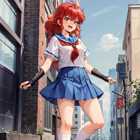 <lora:Project_A-Ko:1>,<lora:add_detail:0.5>,<lora:boldline:-0.3>,<lora:noline:0.3>,
a-ko,1girl,red medium messy hair,white blouse,short sleeves,blue collar,red neck scarf,long blue skirt,white knee high socks,black bracers,black shoes,happy,outdoors in the city,