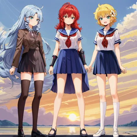 <lora:Project_A-Ko>,<lora:add_detail:0.5>,<lora:boldline:-0.3>,<lora:noline:0.3>,
3girls,expressionless,school,sunset,full body,standing,
b-ko,1girl,solo,(parted bangs:1.2),blue hair,long hair,drill hair,elegant,brown jacket and skirt,tall,
ADDCOL,3girls,serious,school,sunset,full body,standing,
a-ko,1girl,red medium messy hair,white blouse,short sleeves,blue collar,red neck scarf,long blue skirt,black bracers,
ADDCOL,3girls,happy,school,sunset,full body,standing,
c-ko,1girl,cute,blonde hair,short hair,flower,upper body,school uniform,blue collar,skirt,short sleeves,