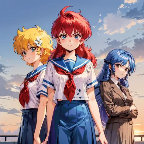 <lora:Project_A-Ko:1>,<lora:add_detail:0.5>,<lora:boldline:-0.3>,<lora:noline:0.3>,3girls,happy,school,sunset,
c-ko,1girl,cute,blonde hair,short hair,flower,upper body,school uniform,blue collar,skirt,short sleeves,
ADDCOL,3girls,serious,school,sunset,
a-ko,1girl,red medium messy hair,white blouse,short sleeves,blue collar,red neck scarf,long blue skirt,black bracers,
ADDCOL,3girls,expressionless,school,sunset,
b-ko,1girl,solo,upper body,blue hair,long hair,drill hair,elegant,brown jacket and skirt,tall,