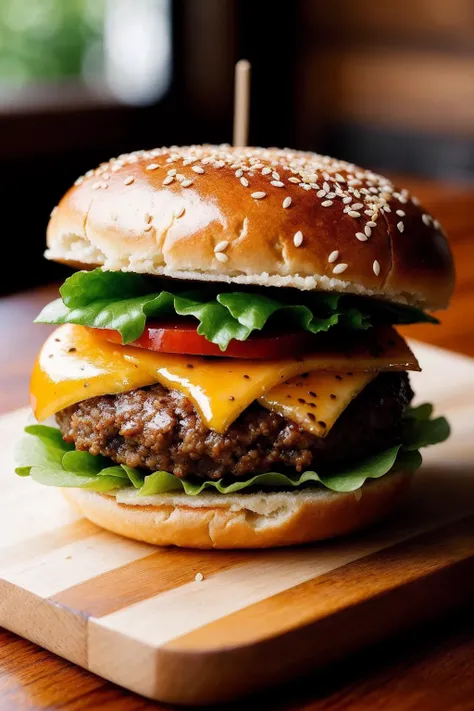 Artistic photo of a hamburger, juicy patty, sesame seed bun, mouthwatering bite, close-up shot, rustic wooden table, natural sunlight, Canon EOS R5, in the style of Gordon Parks