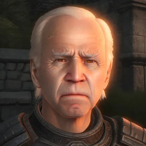 joe biden as an oblivion imperial, (scowling:1.2), angry, awkward zoom in, looking directly at viewer, in-game screenshot, cgi, bloom, hdr, outdoors, brick wall, parody, orange skin, detailed face <lyco:oblivion-style-constant-recaptioned:0.8>