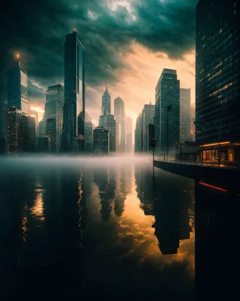 A stormy sky over a cityscape with tall buildings, Tilting, Negative Space, separation light, high key masterpiece, realistic, award winning, volumetric light and fog, neon palette, subsurface scattering, caustics, bloom, perfect exposure, perfect composition, rule of thirds, 8k, hdr10, cinematic, breathtaking, ray tracing <lora:more_details:0.85> <lora:neon_palette_offset:1>