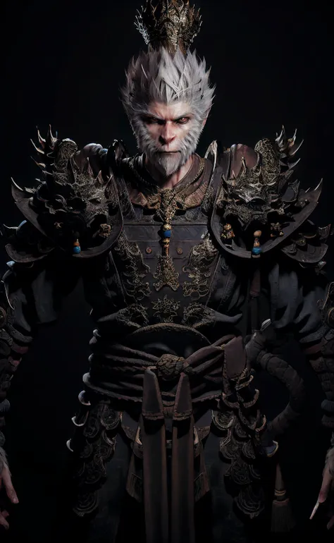 (hyperrealism:1.2), (masterpiece:1.2), (best quality:1.2), (ultra detailed:1.2), BREAK black monkey king, demon, evil grin, glowing eyes, big fang, golden floral ornament, silver hair, furry, veins, skull ornament, ornate, diamond, gem, dragon scale armor, dragon head, muscular, necklace skull, gloom expression, fighting stance, , <lora:BlackMonkeyKing_v01:0.8>, BREAK, (ancient ruin empire background:1.2), (fire:1.1), light particles, rim lighting, <lora:LowRA:0.2>