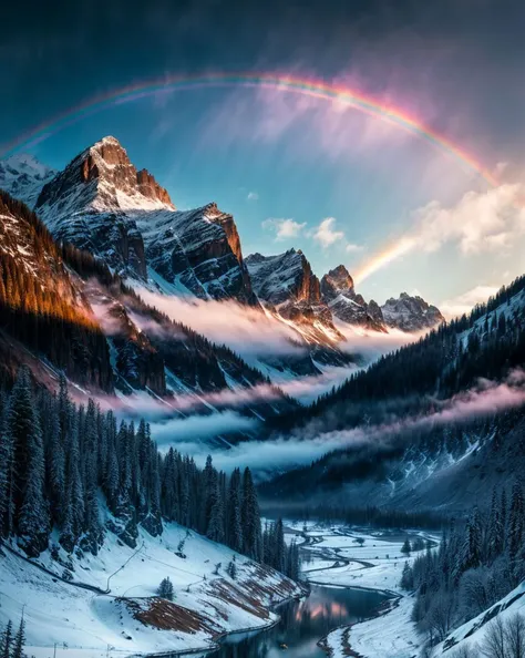 A rainbow over a mountain lake surrounded by snow capped peaks, Chromatic, Comic Book, Floral, ambient light, backlight masterpiece, realistic, award winning, volumetric light and fog, subsurface scattering, caustics, bloom, perfect exposure, perfect composition, rule of thirds, 8k, hdr10, cinematic, breathtaking, ray tracing <lora:neon_palette_offset:1> <lora:more_details:0.85>