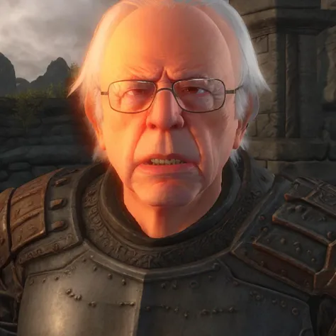 bernie sanders as an oblivion imperial, (scowling:1.2), angry, awkward zoom in, looking directly at viewer, in-game screenshot, cgi, bloom, hdr, outdoors, brick wall, parody, orange skin, detailed face <lyco:oblivion-style-constant-recaptioned:0.8>
