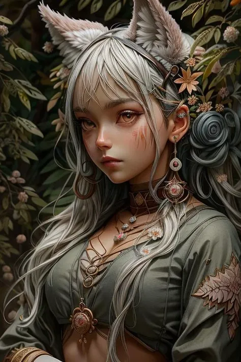 wolf-girl, Style-SylvaMagic, beautiful, white hair, dark skin, Strikingly beautiful, portrait Illustration, half body, (Portrait:1.2), captivated, deep blue gaze, AND (Wolf Princess:1.2), regal, wilderness spirit, hair adorned with leaves and flowers, enchanted forest, mushrooms, pine trees, twigs and berries, ethereal mist, (rim lighting,:1.1) two tone lighting, <lora:epiNoiseoffset_v2:0.8>, nijilorawolf, nijigirl <lora:nijilorawolf:0.7>, add_detail <lora:add_detail:0.7>, add_saturation <lora:add_saturation:0.6>