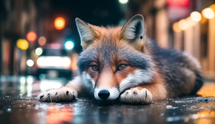 (a close up:1.2) of a  ([wolf:fox:0.5]:1.2) laying on the ground,( rainy streets in the background:1.2), ultra detailed fur, (night:1.2), (depth of field:1.1), night town, cinematic shot,emphasis lines, explosion, motion blur, night, no humans,, outdoors, (rain:1.2), realistic, sky, water, (wet:1.2),8k uhd, dslr, soft lighting, high quality, (film grain:1.2), (Fujifilm XT3:1.2),teal and orange, (national geographic:1.2), award winning