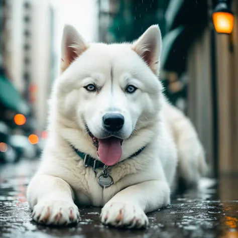 (a close up:1.2) of a white fat husky dog laying on the ground,( rainy streets in the background:1.2),ultra detailed fur,(night:1.2),(depth of field:1.1),night town,cinematic shot,emphasis lines,explosion,motion blur,night,no humans,,outdoors,(rain:1.2),realistic,sky,water,(wet:1.2),8k uhd,dslr,soft lighting,high quality,(film grain:1.2),(Fujifilm XT3:1.2),teal and orange,(national geographic:1.2),award winning,close up beatiful dog eyes,
