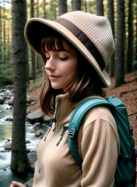 (hyper realistic:1.2) 1 woman((upper body selfie, happy)), masterpiece, best quality, ultra-detailed, solo, outdoors, (night), mountains, nature, (stars, moon) cheerful, happy, backpack, sleeping bag, camping stove, water bottle, mountain boots, gloves, sweater, hat, flashlight, forest, rocks, river, wood, smoke, shadows, contrast, clear sky, analog style (look at viewer:1.2) (skin texture) (film grain:1.3), (warm hue, warm tone)