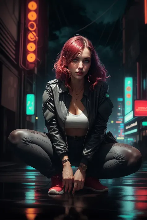 (((masterpiece, best quality, detailed))), ((vivid lighting)), photorealistic, 1girl, young, mature female, blue eyes, large breasts, ((red hair)), wavy hair, very long hair, black military jacket, white shirt, tight pants, cityscape, cyberpunk, neon lights, neon signs, reflection, night sky, acid cloud, cloudy sky, close-up, looking at viewer, blade runner style, art by greg rutkowski,