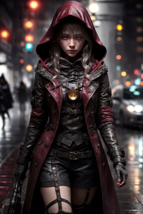 (8k, RAW photo, best quality, masterpiece:1.2), ((beautiful cg model face:1.3)), (photorealistic:1.2), ((best quality)), 
Little Red Riding Hood stepped onto the dimly lit, rain-soaked streets of Neo-Tokyo, her presence juxtaposed against the neon-lit billboards and towering, futuristic structures that surrounded her. Her figure, petite yet enigmatic, was cloaked in a long, weathered trench coat, tattered and worn, revealing the wear and tear of countless treks through the unforgiving urban landscape.
A (crimson hood:1.3) concealed her face, casting shadows over her porcelain skin, which bore the ethereal glow of a woman untainted by the grit and grime of the city. Her piercing eyes, framed by thick lashes, held a hint of defiance amidst their innocent allure, reflecting the cold, artificial glow of the city's ever-present lights.
Beneath her cloak, she wore a dark ensemble that seemed to defy the passage of time. A fitted bodysuit and cargo pants hugged her lithe form, the fabric a blend of traditional elegance and futuristic resilience, exuding a sense of mystery and danger. An intricate network of circuit-like patterns adorned the suit, pulsating with subtle luminescence, as if mirroring the hidden complexities within her very being.
Little Red Riding Hood's feet were clad in heavy knee-high tech boots, their polished surface reflecting the chaotic kaleidoscope of colors that danced across the rain-soaked pavement. With each step, she left a trail of prints that seemed to fade away as quickly as they appeared, symbolizing her transient existence in this ever-changing metropolis.
In her hand, she clutched a compact device, a hybrid of old and new technologies. Its sleek, metallic casing bore the scratches and scuffs of countless encounters, a testament to the dangers she faced in her clandestine journeys. The device emitted a soft, pulsating light, casting an eerie glow upon her delicate features as she navigated the labyrinthine streets.
As Little Red Riding Hood traversed the darkened alleys, a symphony of electronic sounds accompanied her every move, echoing the dissonant harmonies of a world teetering on the edge of chaos. The rain, cascading down around her, seemed to bow to her presence, as if recognizing the enigmatic power she wielded in this ever-evolving urban jungle.
She was an enigma a figure both innocent and formidable, a fragile beauty wrapped in the trappings of a decaying future. Little Red Riding Hood embodied the essence of a world suspended between reality and illusion, her existence a reflection of the blurred boundaries between man and machine, as if she herself were a question awaiting an answer in the depths of a sprawling, dystopian city. 
<lora:locon_perfecteyes_v1_from_v1_64_32:0.75>, detailed <lora:add_detail:0.5>, <lora:breastInClass:0.25>, immersive atmosphere, masterpiece, absurdres <lora:CyberpunkStyleV3:0.5>, RAW candid cinema, 16mm, color graded portra 400 film, remarkable color, ultra realistic, remarkable photorealistic eyes, realistic dull skin, visible skin detail, subtle facial hair, dry skin, shot with cinematic camera, Photorealistic, Hyperrealistic, Hyperdetailed, analog style, matte skin, soft lighting, subsurface scattering, realistic, heavy shadow, masterpiece, best quality, ultra realistic, 8k, golden ratio, Intricate, High Detail, film photography, soft focus