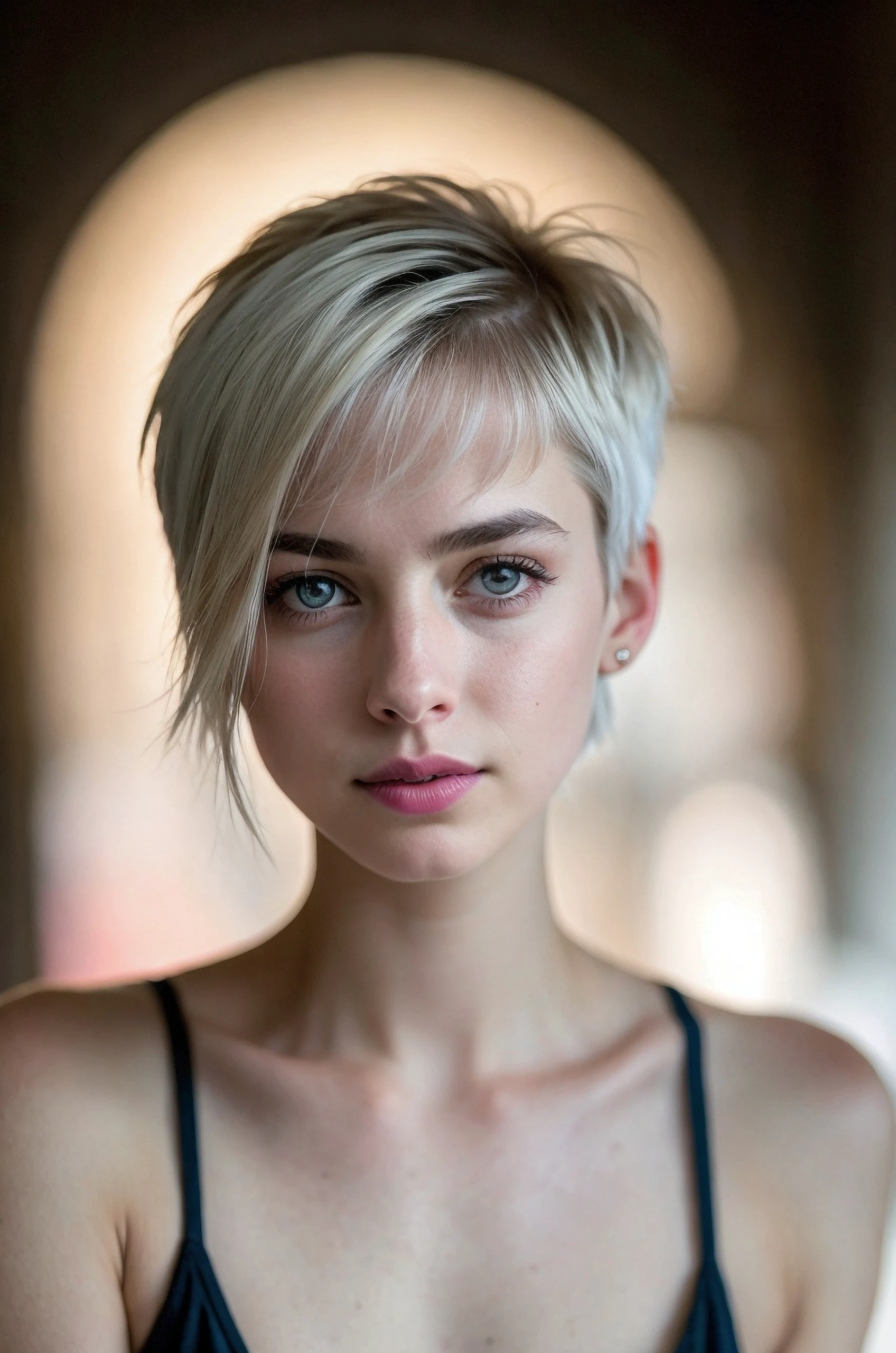 A girl posing as fashion model. Her happy face has deep sapphire eyes and eyeliner. low square neck tank top in pale pink. She has white pixie haircut. Outdoor photography at Cloudy day, twilight.
BREAK (Gal Gadot face:0.8), (Anne Hathaway face:0.85), (Margot Robbie face:0.6), (Jennifer Lawrence face:0.7), low-key lighting photograph, (Blade Runner:1.1)
