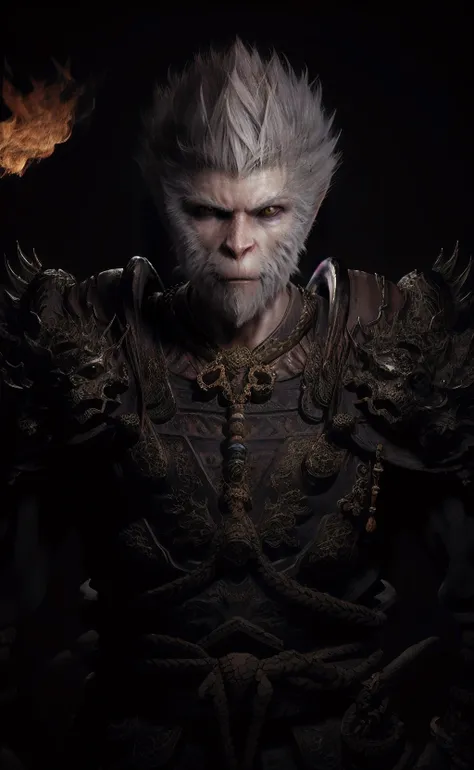 (hyperrealism:1.2), (masterpiece:1.2), (best quality:1.2), (ultra detailed:1.2), BREAK black monkey king, demon, evil grin, glowing eyes, big fang, golden floral ornament, silver hair, furry, veins, skull ornament, ornate, diamond, gem, dragon scale armor, dragon head, muscular, necklace skull, gloom expression, fighting stance, , <lora:BlackMonkeyKing_v01:0.8>, BREAK, (ancient ruin empire background:1.2), (fire:1.1), light particles, rim lighting, <lora:LowRA:0.2>