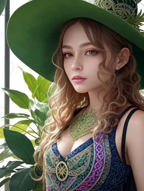 (masterpiece, top quality, best quality, official art, beautiful and aesthetic:1.2), extreme detailed, (abstract:1.2), (zentangle:1.2), luminous effects, vibrant colors, visual chaos, fluid movement, captivating patterns, creative experimentation, highest detailed, 1 girl, adult ukrainian woman, freckles, yellow eyes, chestnut blowout hair, character focus, portrait, solo, upper body, looking at viewer, detailed background, detailed face, (tribal celtic barbarian theme:1.1), botanical researcher, leaves, magical plants, blooming flowers, glowing plants, greenhouse effect, floating plants, (style-sylvamagic:0.8), green energy, healing magic, green color scheme, herbs, seeds, science, botanical laboratory in background, backlighting, magical atmosphere,