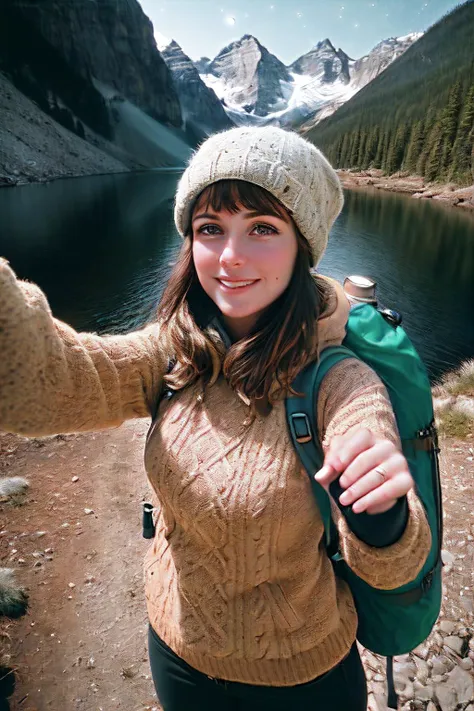 1 woman((upper body selfie, happy)), masterpiece, best quality, ultra-detailed, solo, outdoors, (night), mountains, nature, (stars, moon) cheerful, happy, backpack, sleeping bag, camping stove, water bottle, mountain boots, gloves, sweater, hat, flashlight, forest, rocks, river, wood, smoke, shadows, contrast, clear sky,
analog style (look at viewer:1.2) (skin texture)
(film grain:1.3), (warm hue, warm tone)