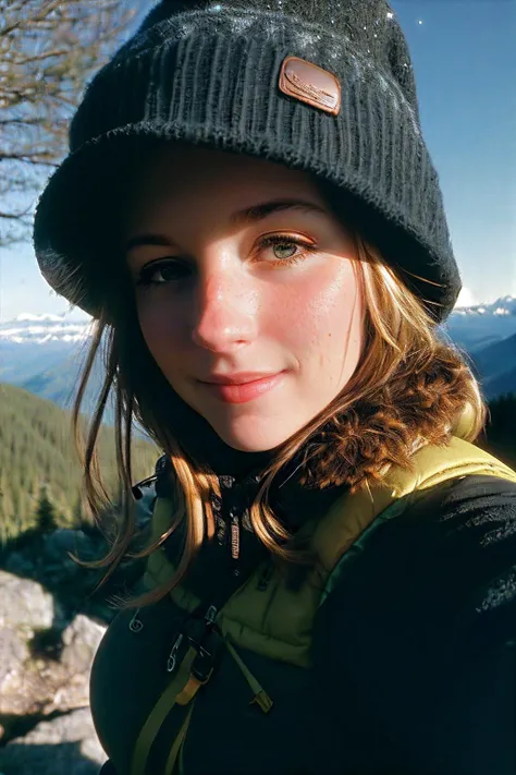 1 woman((upper body selfie, happy)), masterpiece, best quality, ultra-detailed, solo, outdoors, (night), mountains, nature, (stars, moon) cheerful, happy, backpack, sleeping bag, camping stove, water bottle, mountain boots, gloves, sweater, hat, flashlight, forest, rocks, river, wood, smoke, shadows, contrast, clear sky,
analog style (look at viewer:1.2) (skin texture)
(film grain:1.3), (warm hue, warm tone)