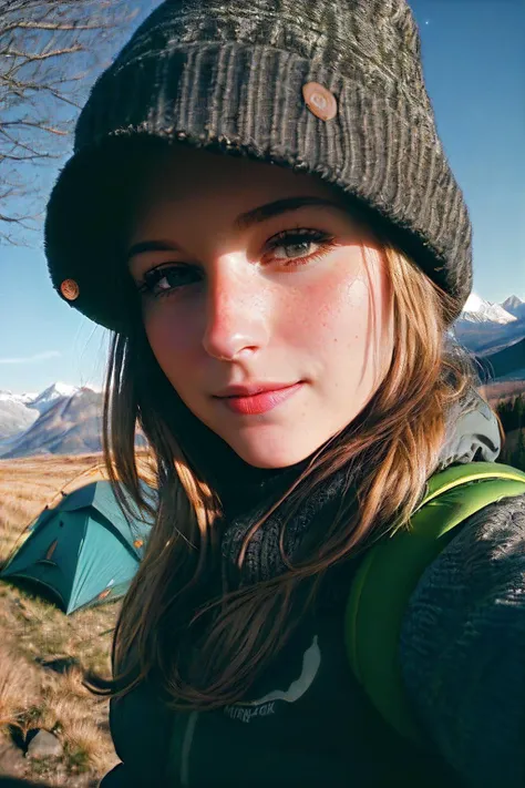 1 woman((upper body selfie, happy)), masterpiece, best quality, ultra-detailed, solo, outdoors, (night), mountains, nature, (stars, moon) cheerful, happy, backpack, sleeping bag, camping stove, water bottle, mountain boots, gloves, sweater, hat, flashlight, forest, rocks, river, wood, smoke, shadows, contrast, clear sky,
analog style (look at viewer:1.2) (skin texture)
(film grain:1.3), (warm hue, warm tone)