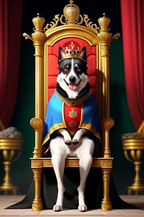 a high quality photo of an anthropomorphic dog in a king's chair, splash art, vivid, royal chamber background
