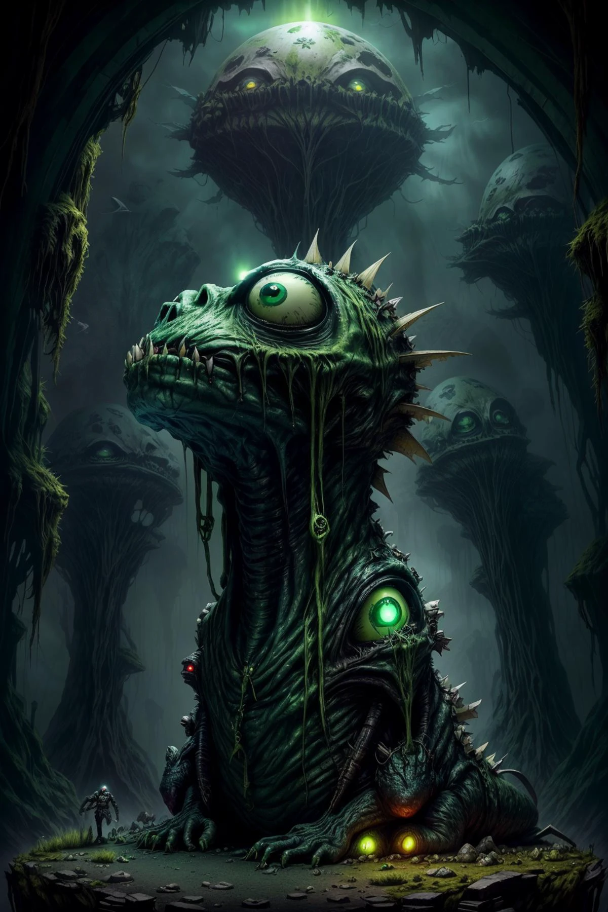 Sci-Fi digital illustration, (Monstrous creature in a decaying world:1.2), Intriguing character design, Alien architecture, Mysterious glow, (Green-eyed beast:1.3), Dark and brooding atmosphere, Colorful accents, Surreal setting. monsters00d <lora:more_details:.7> <lora:monsters00d:.7>