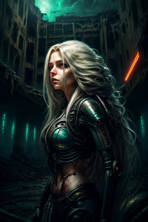 Close-up digital illustration, (Woman with flowing hair amidst decaying alien architecture:1.2), Sci-Fi setting, Futuristic attire, Colorful lights, Haunting atmosphere, Intricate details, Expressive eyes, concept00d <lora:concept00d-000010:.5> <lora:more_details:.8>