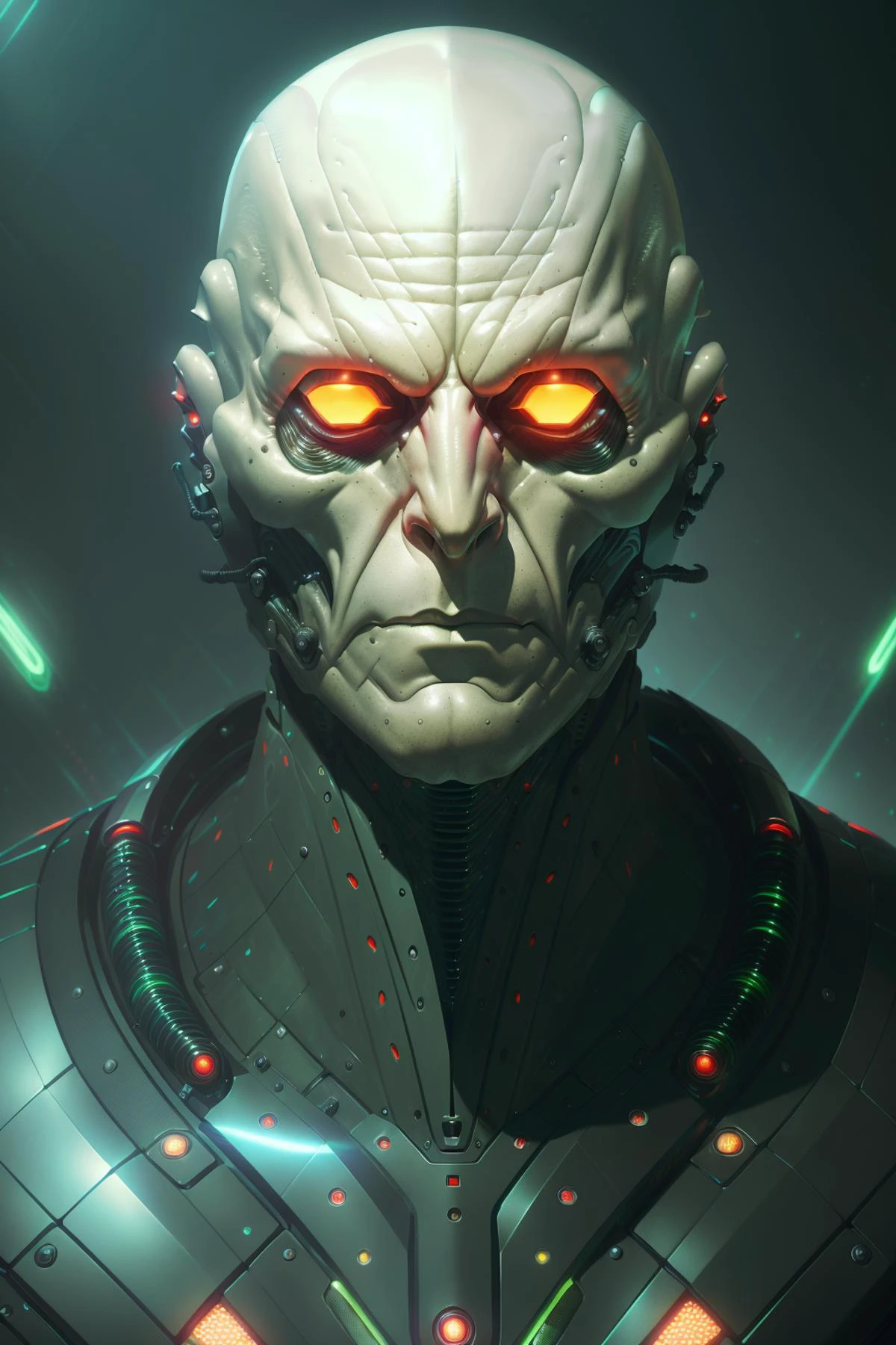 Close-up surreal digital illustration, (A bald, sleek man in a sci-fi setting:1.3), Futuristic composition, (Sweeping motion:1.2), Glowing neon, Intricate cybernetic enhancements, (Sleek lines and sharp angles:1.2), Dynamic digital brushwork, Mysterious atmosphere. zomb00d <lora:zomb00d:.7>