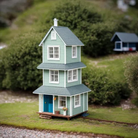 tiniest house ever, tilt shift, analog photo, ultra-high definition, realistic, water spraying