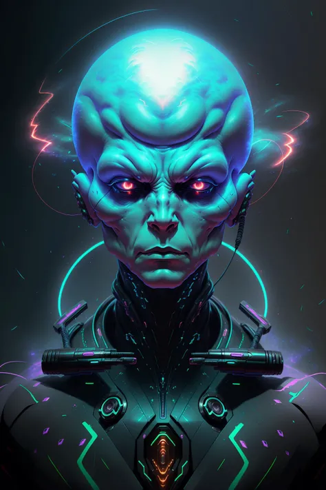 Close-up surreal digital illustration, (Sleek sci-fi figure, bald and muscular:1.3), Futuristic setting, (Sweeping motion:1.2), Glowing neon colors, Streaming energy, (Ethereal atmosphere:1.2), Dynamic digital brushwork, Abstract composition, Enigmatic expression. creature00d <lora:creature00d:.7>