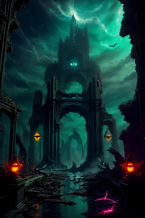 Surreal sci-fi scene with glowing bat-like creatures soaring over a decaying cityscape, Imaginary world of crumbling architecture bathed in ethereal colors and vibrant lights. (Decadent beauty, Enchanted ruins, Mysterious inhabitants)., concept00d <lora:concept00d-000010:.4> <lora:more_details:.7>