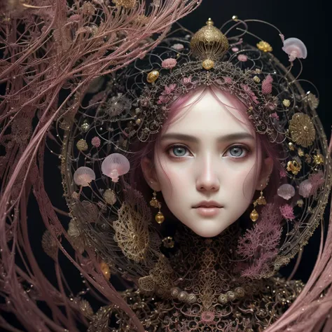 photo RAW, (Black and pink : a ghostly jellyfish, shiny aura, highly detailed, gold filigree, intricate motifs, organic tracery, by Android jones, Januz Miralles, Hikari Shimoda, glowing stardust by W. Zelmer, perfect composition, smooth, sharp focus, sparkling particles, lively coral reef background Realistic, realism, hd, 35mm photograph, 8k), masterpiece, award winning photography, natural light, perfect composition, high detail, hyper realistic<lora:xl_more_art-full_v1:0.5>