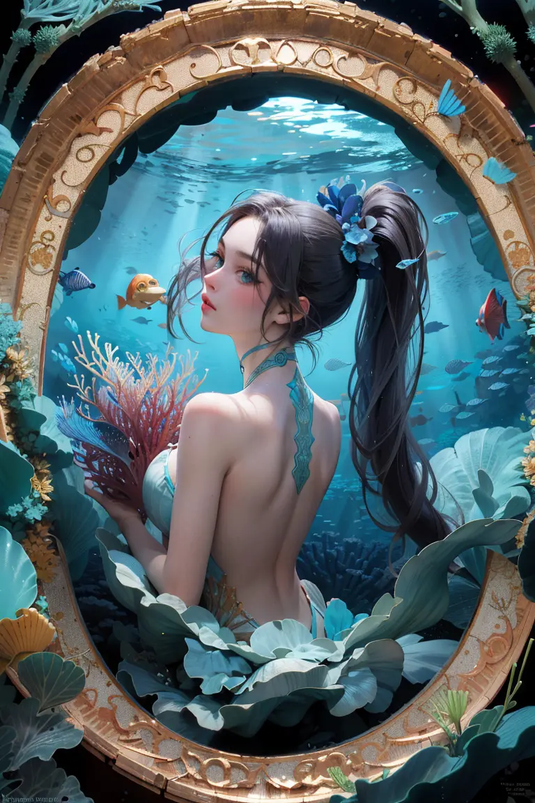 masterpiece, best quality, Alphonse Mucha, art nouveau,
(tarot card style:1.3), tarot framework with deep-sea motifs,
(dark shot:1.2), blue theme, dark and glowing, caustics,
1girl, grey brond hair, absurdly long hair, ponytail, upper body, from side, looking back,
underwater flowers,
In the enigmatic depths of the ocean, a luminescent princess adorned with seashell and scale-inspired attire, among bioluminescent creatures, ancient underwater ruins, and vibrant coral reefs, where darkness and light coalesce to reveal the secrets of the deep,
hyper realistic lifelike 3d,
<lora:hipoly3DModelLora_v20:0.4>,