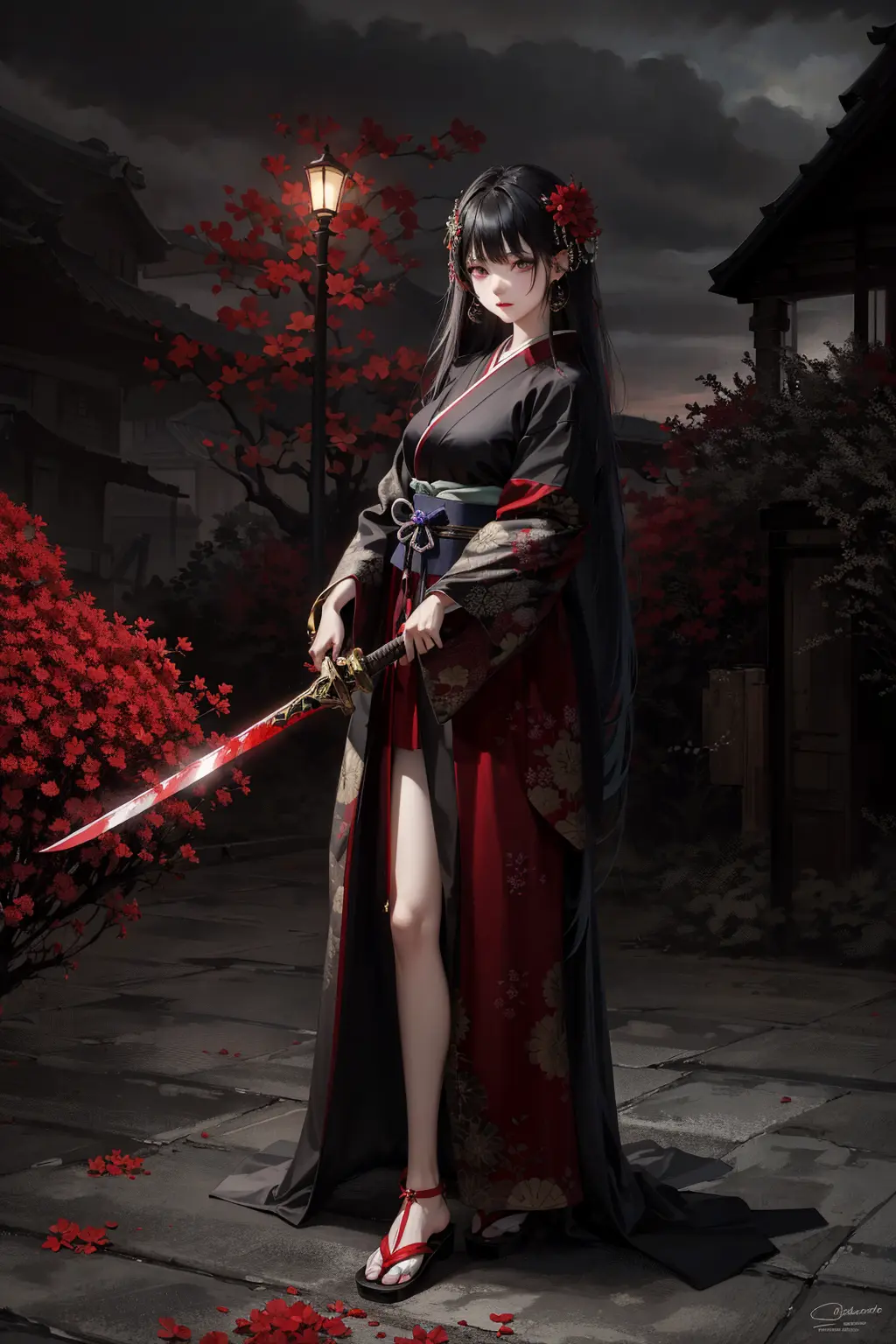 masterpiece, best quality,
looking afar, full body,
dark shot, horror, cluster amaryllis in full bloom , blood,
In the midst of a stormy night, a sorrowful girl adorned in Japanese battle attire stands determined, wielding a mystical sword against the ominous presence of her fated demon, as her vibrant hair ornaments symbolize the bond she shares with her family and allies,
detailed skin texture, detailed cloth texture, beautiful detailed face, intricate details, ultra detailed,