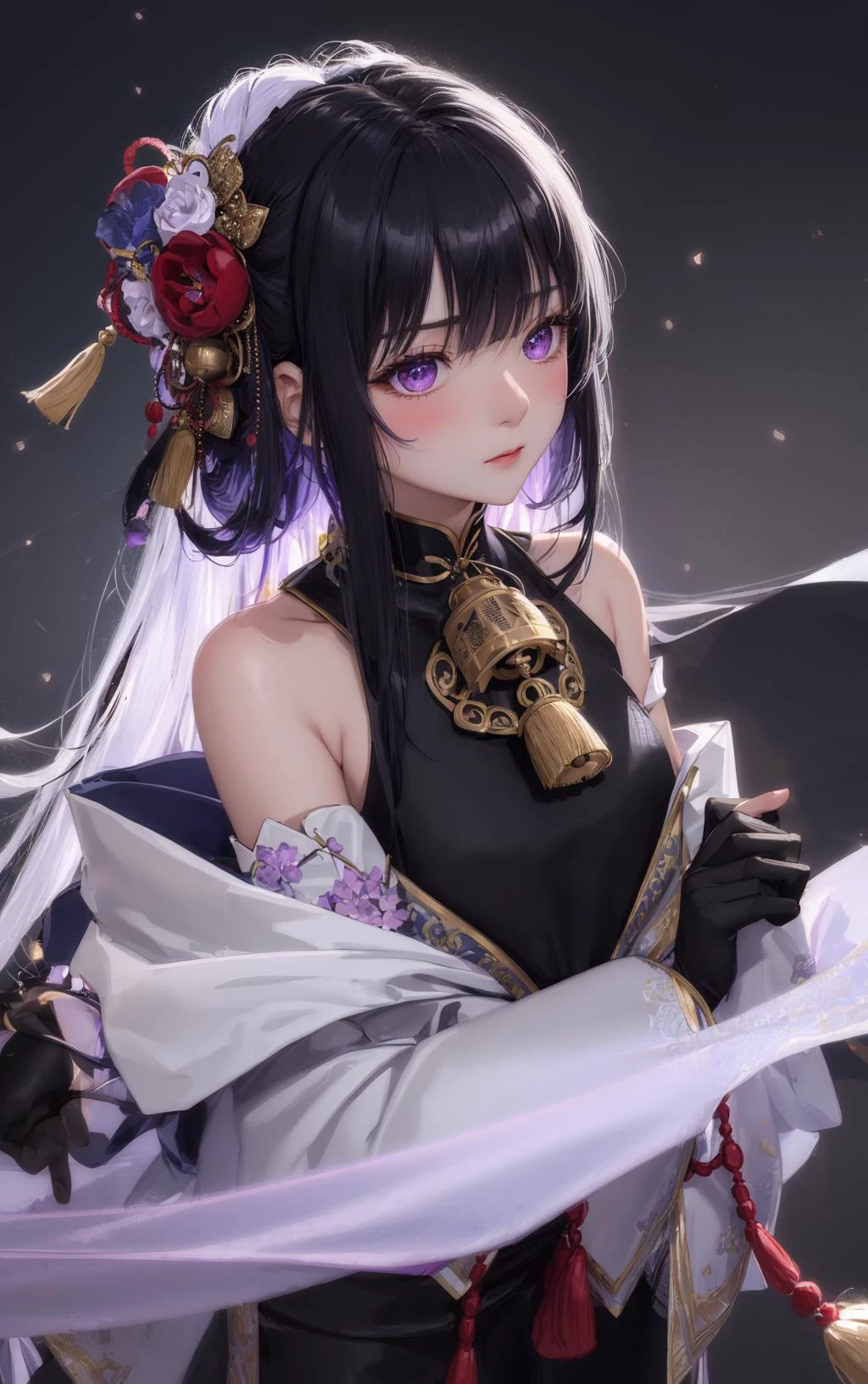 full shot of Ganyu,
detailed face, detailed skin, skin pores,
big purple eyes, long lashes, ahoge, sidelocks, blush, bangs,
closed Japanese dress, bare shoulders, black gloves, detached white sleeves, black pantyhose, flower knot, Chinese knot, neck bell, tassel, long blue hair,
thin symmetrical curled semi-black horns,
at night, beautiful lights, outdoors, milky way,
photo, 4k, intricate details, sharp details
