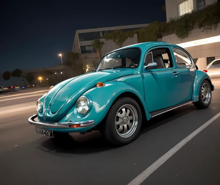 Fast and Furious ,<lora:quiron_beetleVW_V1_Lora:0.97> (beetleVWQuiron car), a car, neon, night, . Action, car chases, family, highly detailed