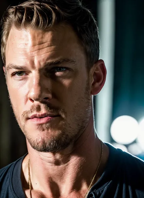 RAW photo of alanritchson-ti, natural lighting, 8k uhd, dslr, high quality, film grain, Fujifilm XT3, <lora:add_detail:0.7>, by Gregory Crewdson christmas theme