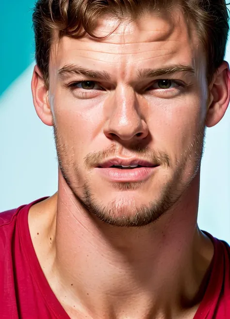 close up portrait of alanritchson-ti , by Flora Borsi, style by Flora Borsi, bold, bright colours, ((Flora Borsi)), by Ansel Adams