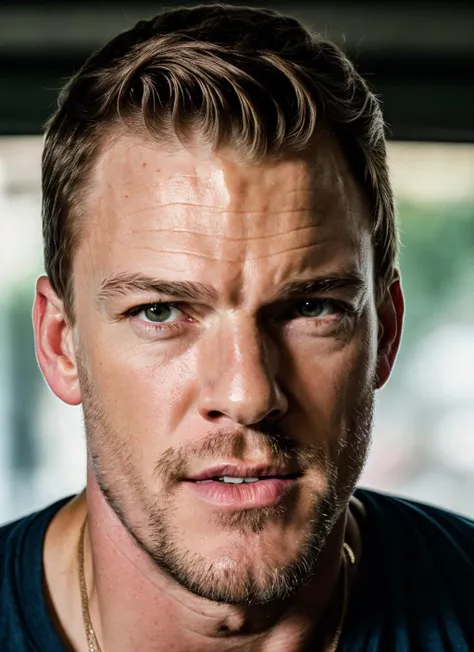 RAW photo of alanritchson-ti, natural lighting, 8k uhd, dslr, high quality, film grain, Fujifilm XT3, <lora:add_detail:0.7>, by Dorothea Lange christmas theme