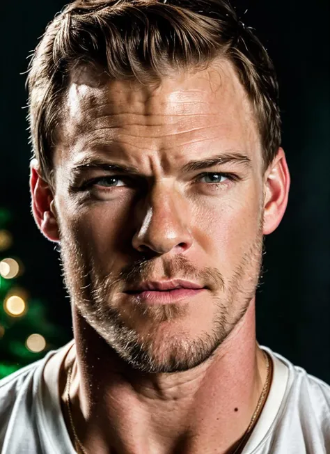 RAW photo of alanritchson-ti, natural lighting, 8k uhd, dslr, high quality, film grain, Fujifilm XT3, <lora:add_detail:0.7>, by Edward Weston christmas theme