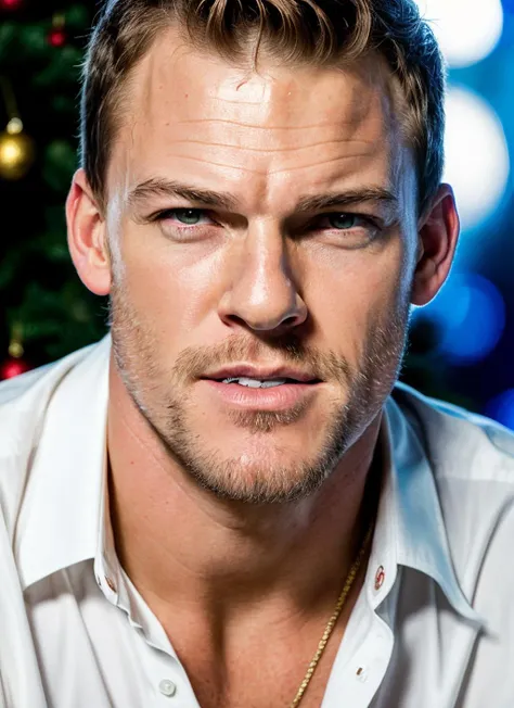 RAW photo of alanritchson-ti, natural lighting, 8k uhd, dslr, high quality, film grain, Fujifilm XT3, <lora:add_detail:0.7>, by Guy Bourdin christmas theme