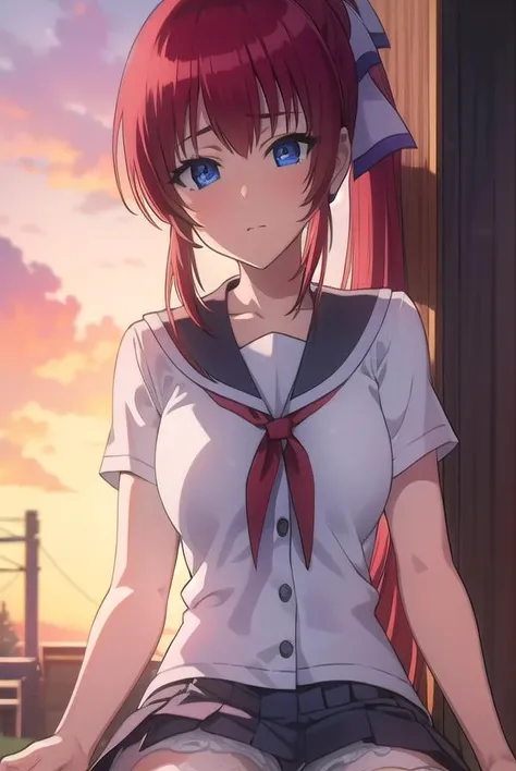 mikotoshiratori, <lyco:mikotoshiratori-lyco-nochekaiser:1>, 
mikoto shiratori, long hair, blue eyes, red hair, skirt, ponytail, hair ribbon, ribbon,
BREAK skirt, thighhighs, school uniform, zettai ryouiki, serafuku,
BREAK looking at viewer,
BREAK outdoors,
BREAK <lyco:GoodHands-beta2:1>, (masterpiece:1.2), best quality, high resolution, unity 8k wallpaper, (illustration:0.8), (beautiful detailed eyes:1.6), extremely detailed face, perfect lighting, extremely detailed CG, (perfect hands, perfect anatomy),