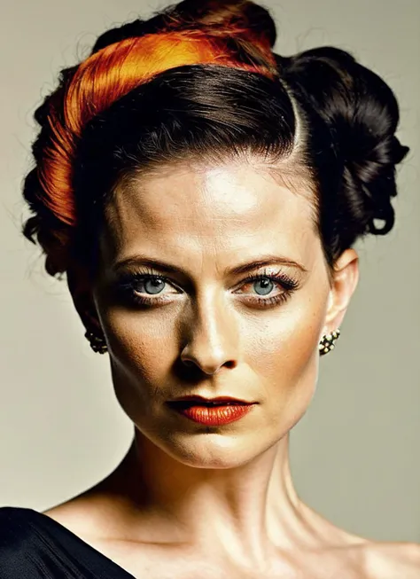 analog style, modelshoot style, portrait of sks woman by Flora Borsi, style by Flora Borsi, bold, bright colours, orange Mohawk haircut, ((Flora Borsi)), <lora:locon_larapulver_v1_from_v1_64_32:1.3>