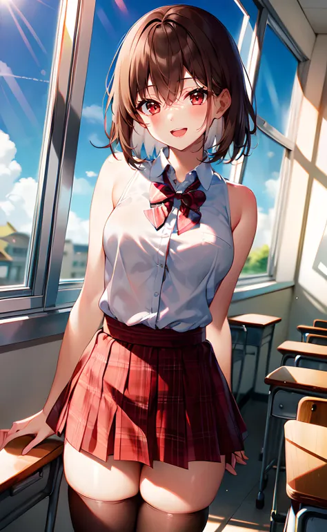 1girl, cowboy shot, standing, short hair, brown hair, red eyes, school uniform, white shirt, collared shirt, sleeveless shirt, red skirt, miniskirt, plaid skirt, black thighhighs, bare shoulders, bare arms, open mouth, smile, indoors, classroom, window, blue sky, sunlight