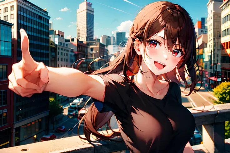 1girl, pointing at viewer, long hair, brown hair, red eyes, black shirt, T-shirt, short sleeves, collarbone, open mouth, smile, outdoors, city, cityscape, blue sky, sunlight