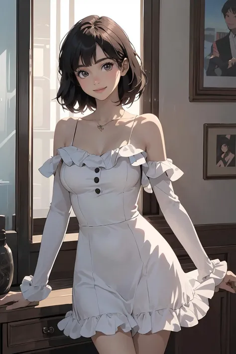 8k high quality detailed,highres,anime,comic,detailed image,
(an illustration of a teenage girl posing,(an illustration of girl,teenage girl)),(magazine_illustration),(magazine_sheet),
(1girl,asian_female,gradient hair, short hair, bangs, brown eyes, thin|skinny, large breasts,(Tender Smile)),detailed_face,realistic_skin_texture,
(holding object),
(, MIS,white dress,bare shoulders,long sleeves,frills),realistic clothing texture,<lora:MIS_20240424120922:0.6>