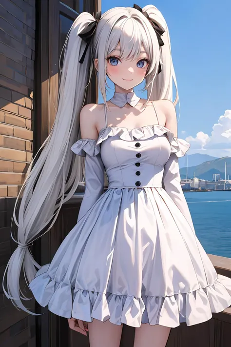 anime girl in a gray dress standing on a balcony with a view of the ocean