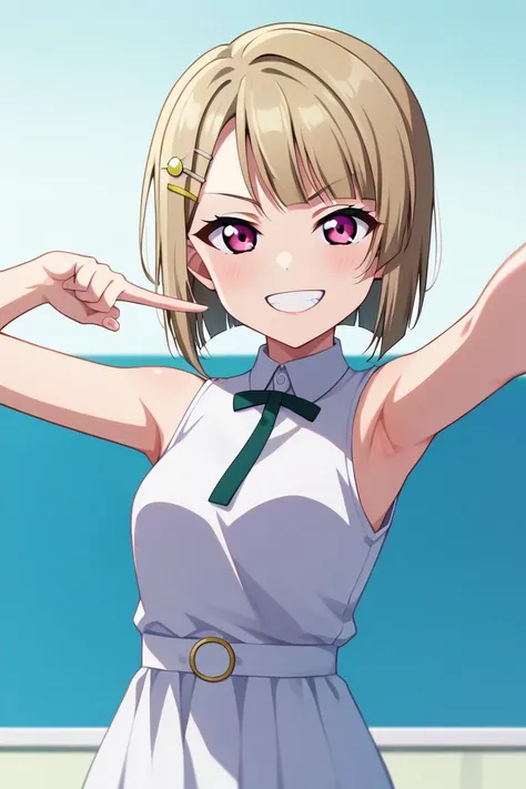 (score_9:1.4), score_8_up, score_7_up,BREAK source_anime,uncensored, masterpiece, best quality, very aesthetic, absurdres,anime_style,
cowboy shot,multi angle,1 girl named Nakasu Kasumi standing,Nakasu Kasumi,love live!,love live! nijigasaki high school idol club ,<lora:lovelive_pd6_00005:0.8>
light brown hair,short hair,asymmetrical cut,blunt bangs,asymmetrical,bob cut,hair ornament, perfect face,cute,detailed pink eyes, (small breasts:1.2),
white dress,casual dress,bear sholder,smug,grin,pointing to viewer,
simple background,
anime screencap, anime_lineart anime colorinig, <lora:add_detail:0.5>,