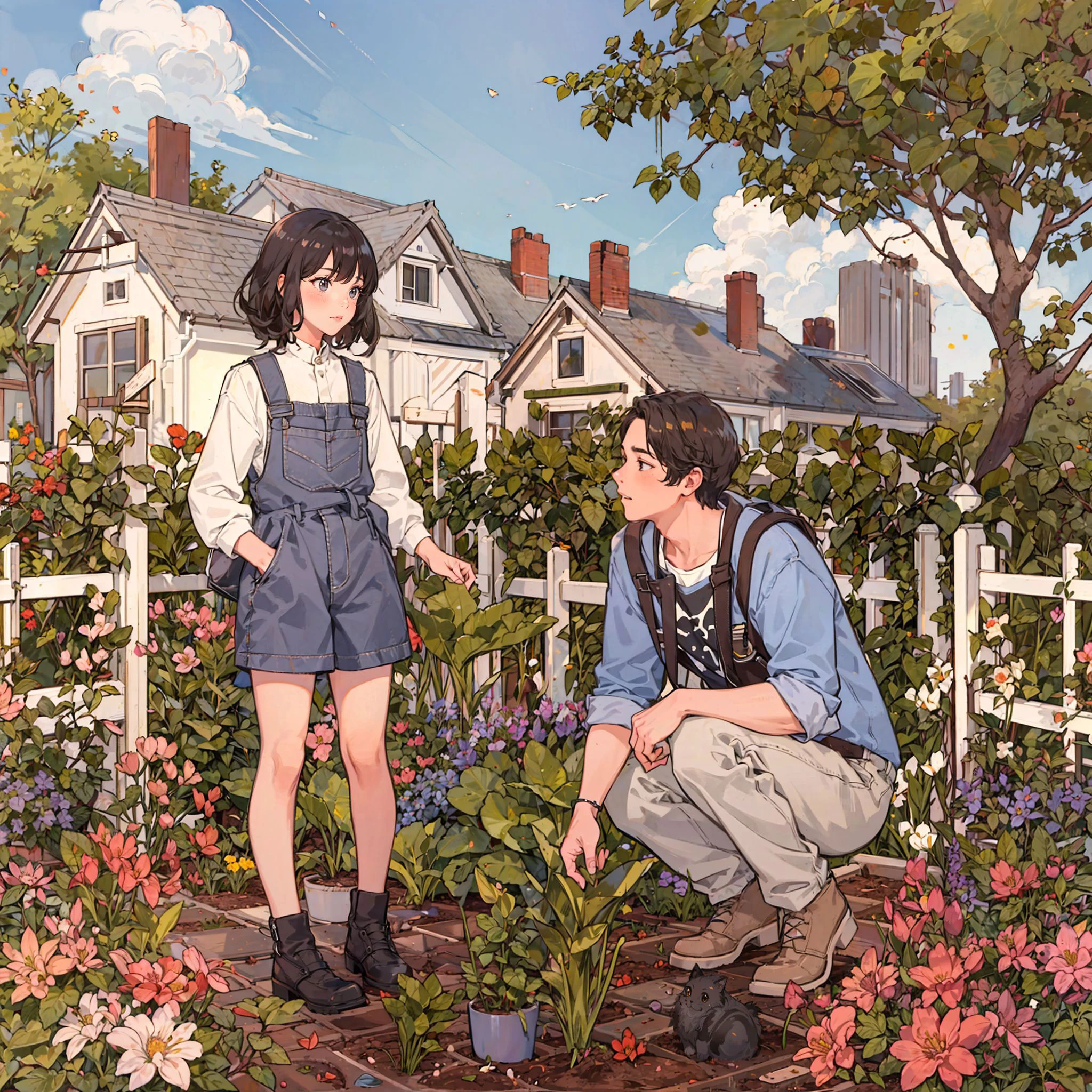 masterpiece, best quality, 1boy, gardening, vegetables, seedbed, on the background of a rural house, Messy_art, <lyco:Messy:1>