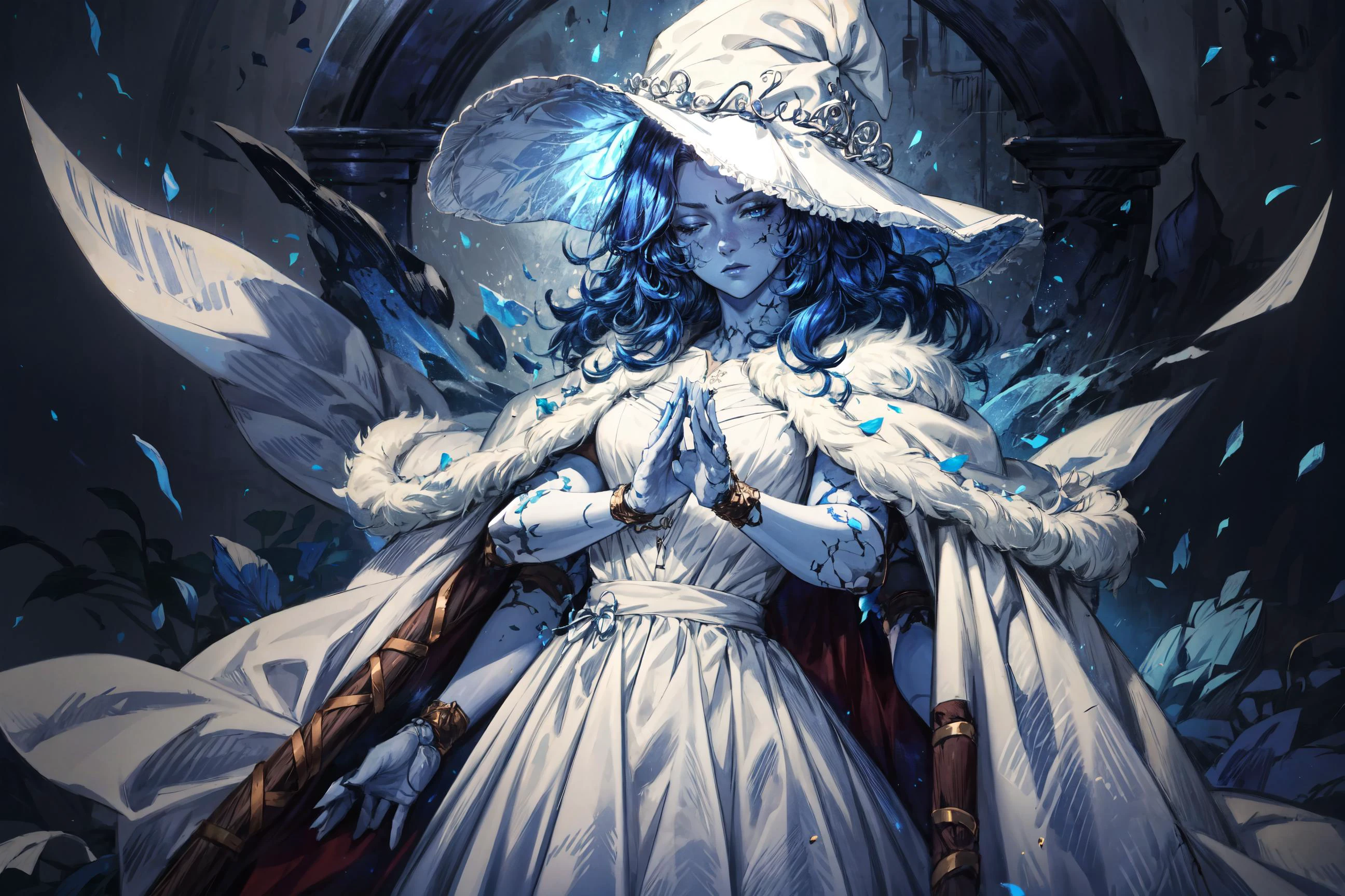 1girl, <lora:Ranni:0.8> Ranni, wavy hair, (blue skin),colored skin, cracked skin, extra arms, joints, doll joints, (white dress),furr cape,dress,(dynamic pose),powerful pose,serious face, expressionless, half closed eyes,night,blue moon,blue moon light, starry sky,masterpiece,extremely detailed CG unity 8k wallpaper, best quality,32k,focus sharp, <lora:add_detail:0.8>, <lora:Light and Shadow:0.6>, <lora:Messy:0.7> Messy_art, <lora:spotlight:0.6> spotlight